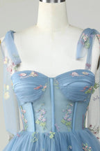 Cute Grey Blue A Line Spaghetti Straps Short Homecoming Dress with Appliques