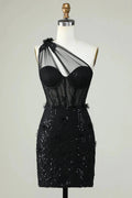 Black Bodycon One Shoulder Corset Short Homecoming Dress with Appliques