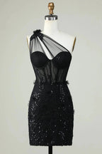 Black Bodycon One Shoulder Corset Short Homecoming Dress with Appliques
