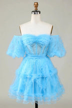 Cute Blush A line Tulle Off The Shoulder Short Homecoming Dress