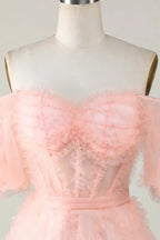 Cute Blush A line Tulle Off The Shoulder Short Homecoming Dress