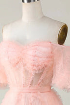 Cute Blush A line Tulle Off The Shoulder Short Homecoming Dress