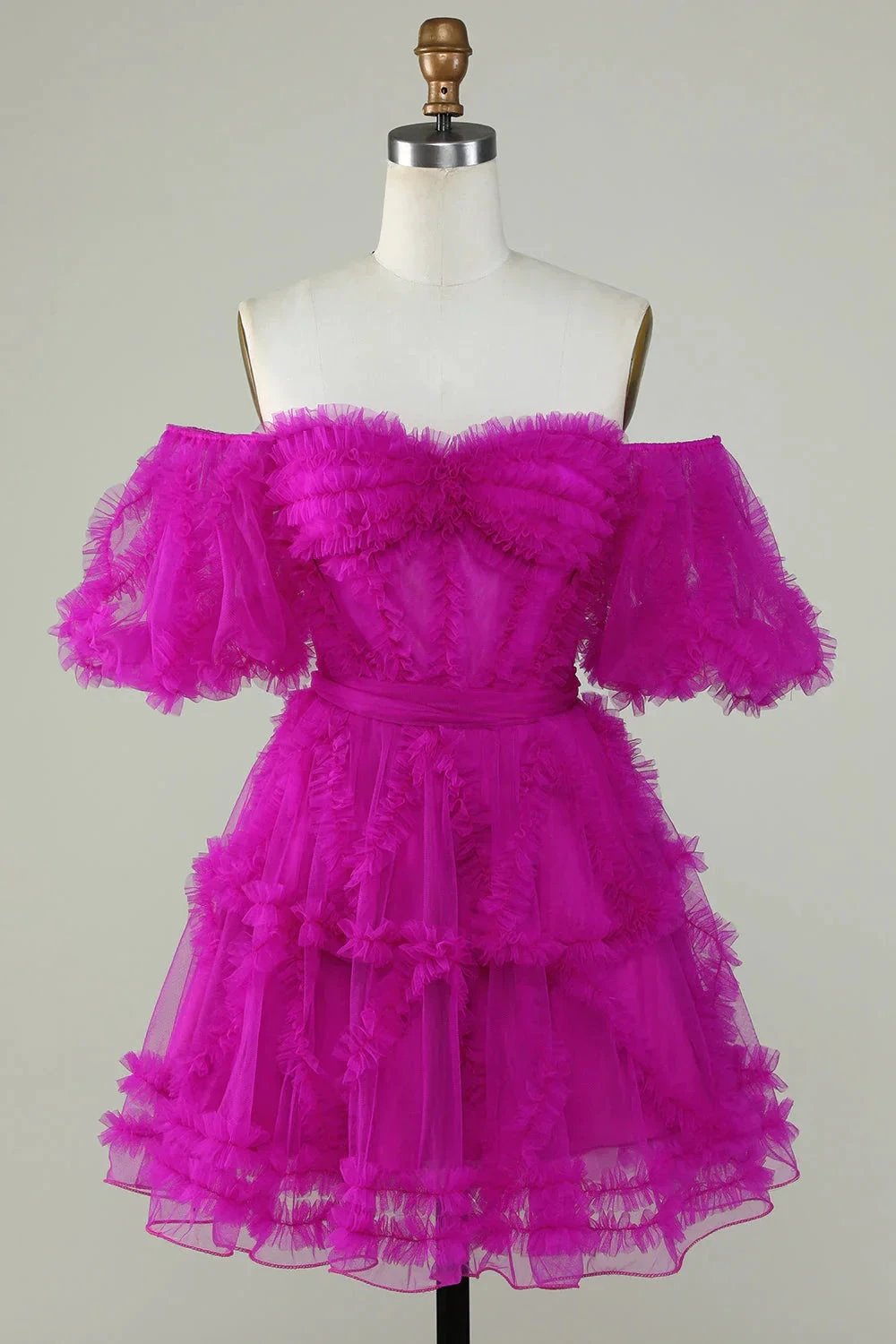 Cute Blush A line Tulle Off The Shoulder Short Homecoming Dress