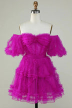 Cute Blush A line Tulle Off The Shoulder Short Homecoming Dress
