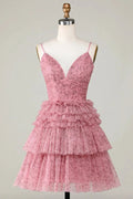 Blush Cute A Line Spaghetti Straps Short Homecoming Dress with Ruffles