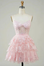 Cute Black A Line Sparkly Sequin Tiered Corset Short Homecoming Dress