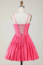 Cute Fuchsia A Line Spaghetti Straps Corset Ruffle Homecoming Dress with Bows