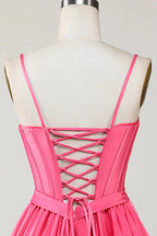 Cute Fuchsia A Line Spaghetti Straps Corset Ruffle Homecoming Dress with Bows