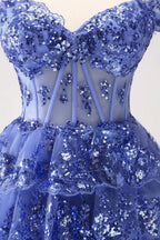 Sparkly Dark Blue A Line Off The Shoulder Corset Tiered Short Homecoming Dress with Sequins