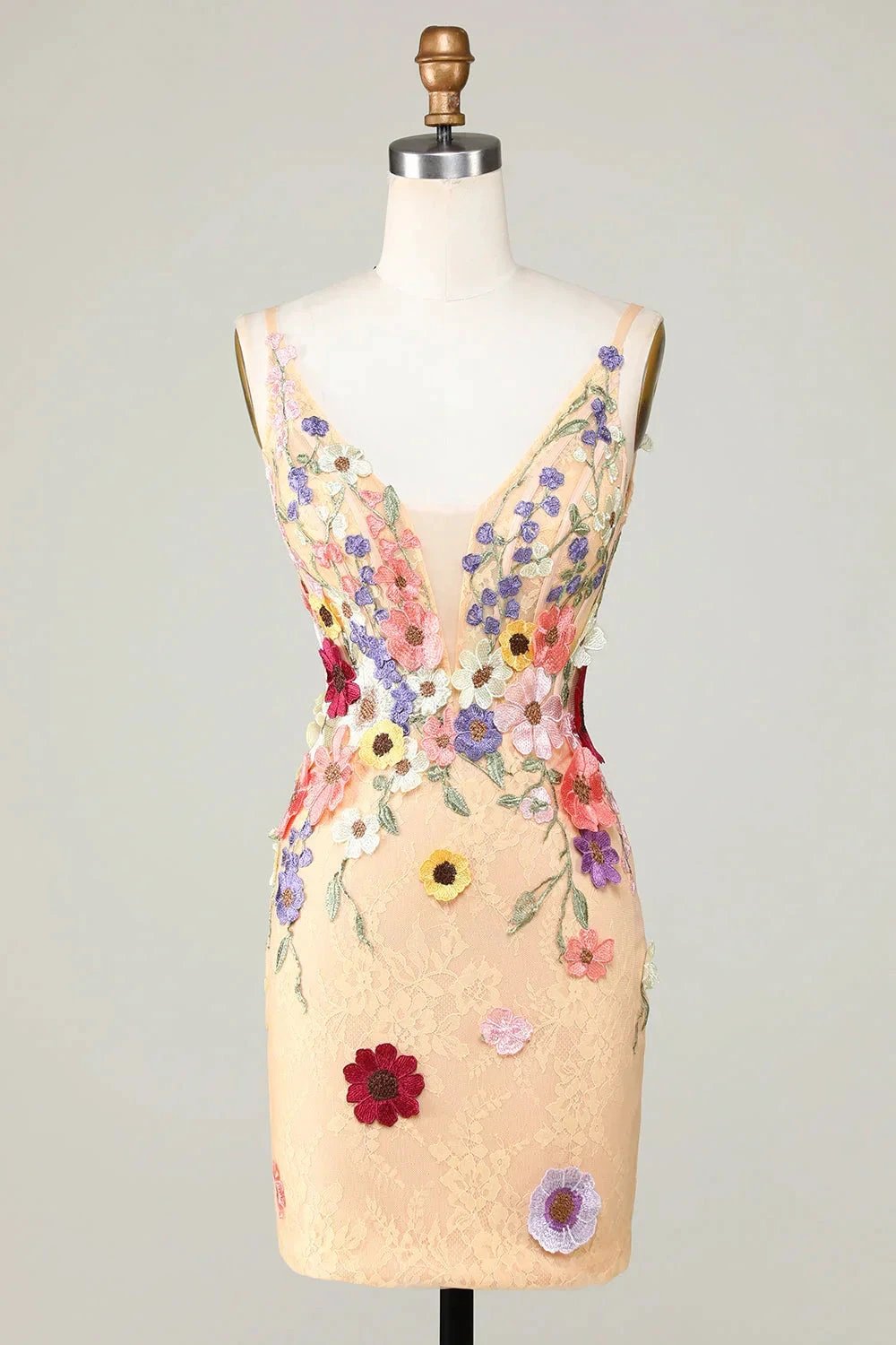 Champagne Bodycon Deep V-Neck Short Homecoming Dress with Appliques