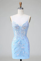 Sparkly Blue Spaghetti Straps Corset Short Homecoming Dress with Sequins
