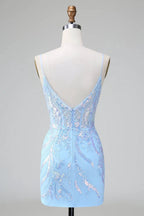 Sparkly Blue Spaghetti Straps Corset Short Homecoming Dress with Sequins
