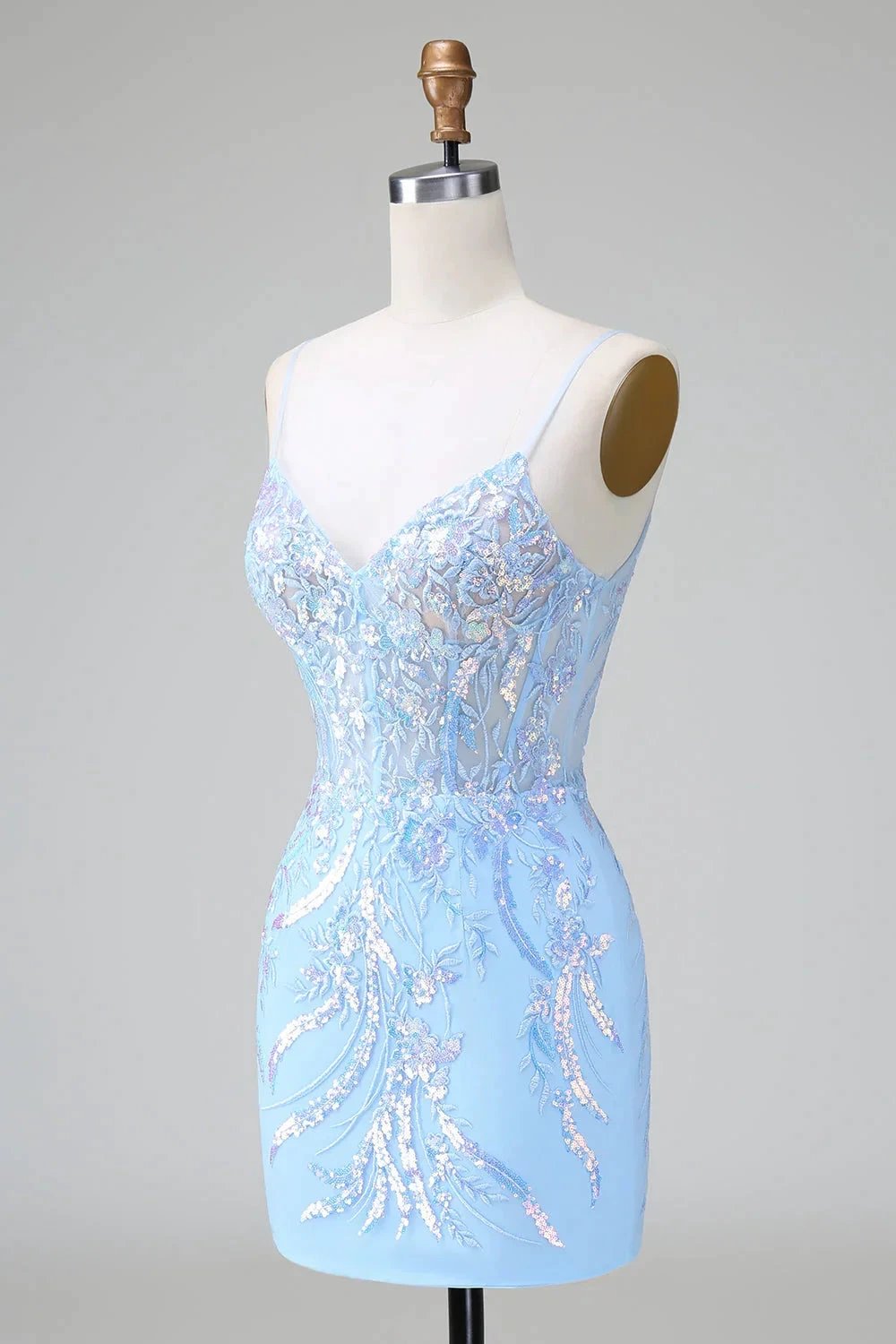 Sparkly Blue Spaghetti Straps Corset Short Homecoming Dress with Sequins