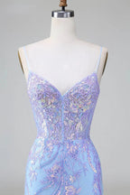 Sparkly Blue Spaghetti Straps Corset Short Homecoming Dress with Sequins