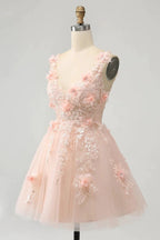 Cute Blush A Line V Neck Sequin Corset Short Homecoming Dress with Appliques