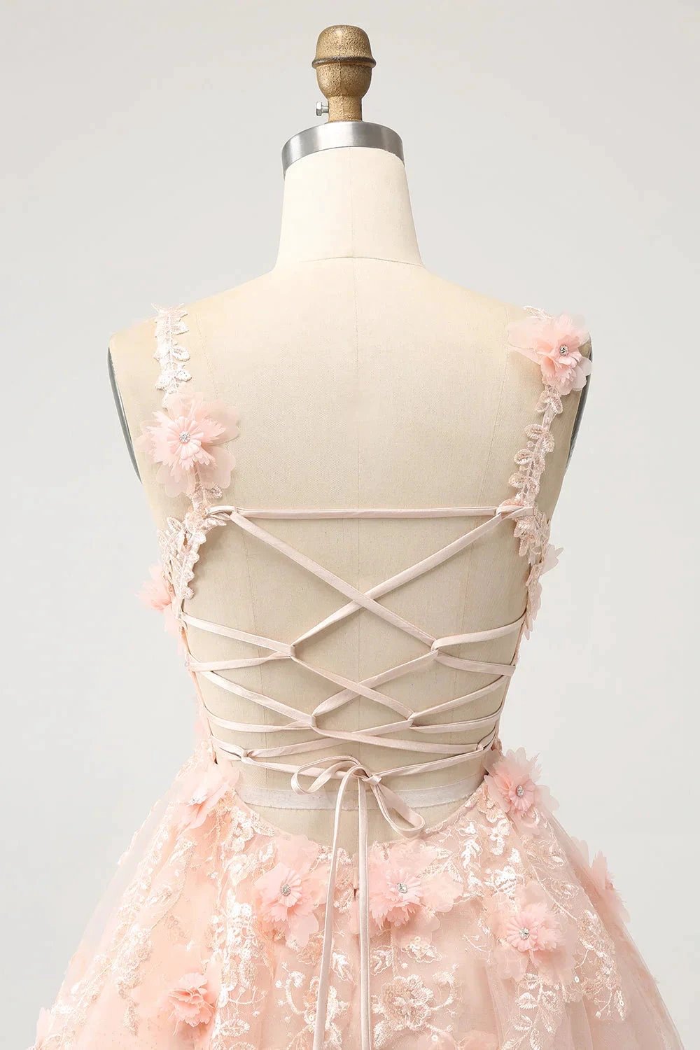 Cute Blush A Line V Neck Sequin Corset Short Homecoming Dress with Appliques