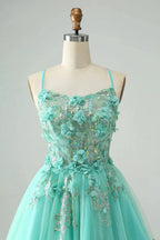 Cute Green A Line Spaghetti Straps Corset Short Homecoming Dress with Appliques