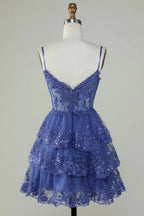 Cute Black A Line Sparkly Sequin Tiered Corset Short Homecoming Dress