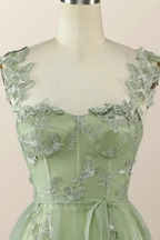 Sage Green Butterfly A-line Long Formal Dress Evening Dress  Y2801