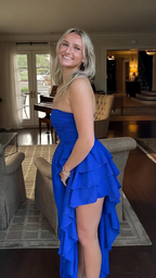 Sexy Royal Blue Long Prom Dress Strapless Ruffle Layered Party Evening Gown Y8026