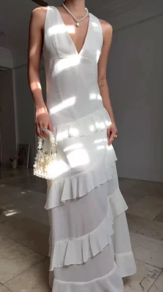 Simple White V Neck Chiffon Ruffle Prom Dress Backless Long Evening Dress Y8500