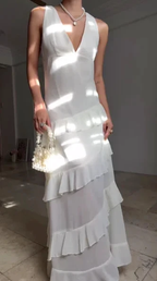 Simple White V Neck Chiffon Ruffle Prom Dress Backless Long Evening Dress Y8500