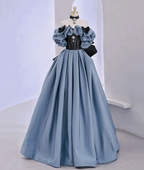 Off Shoulder Satin Lace Long Prom Dress, Blue Evening Dress Y2619