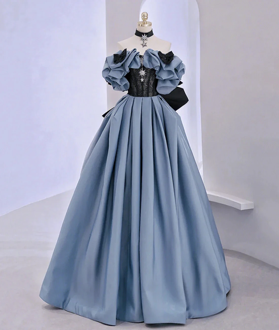Off Shoulder Satin Lace Long Prom Dress, Blue Evening Dress Y2619