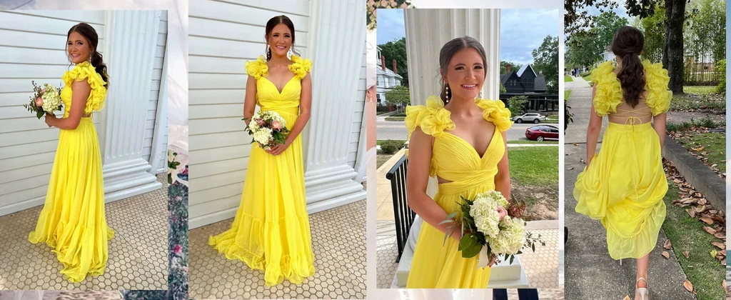 Chiffon A Line Ruffle Prom Dresses for Women V Neck Long Bridesmaid Dresses Backless Formal Evening Gowns  Y3043