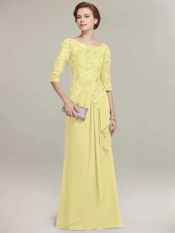 A-line Scoop Illusion Floor-Length Lace Chiffon Mother of the Bride Dress With Cascading Ruffles