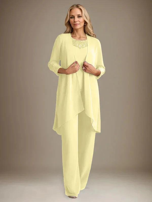 Chiffon Scoop Long Sleeves Mother Of The Bride Pantsuits With Jacket