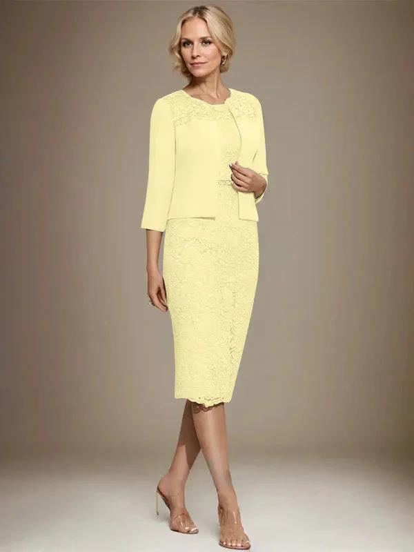 Sheath/Column Scoop Knee-Length Chiffon Lace Mother of the Bride Dress With Beading