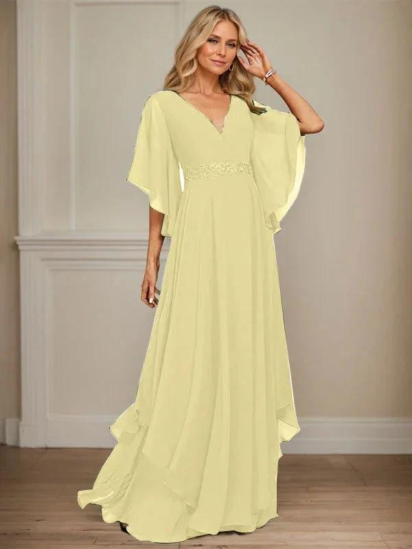 A-line V-Neck Floor-Length Chiffon Mother of the Bride Dress With Sequins Appliques Lace Beading