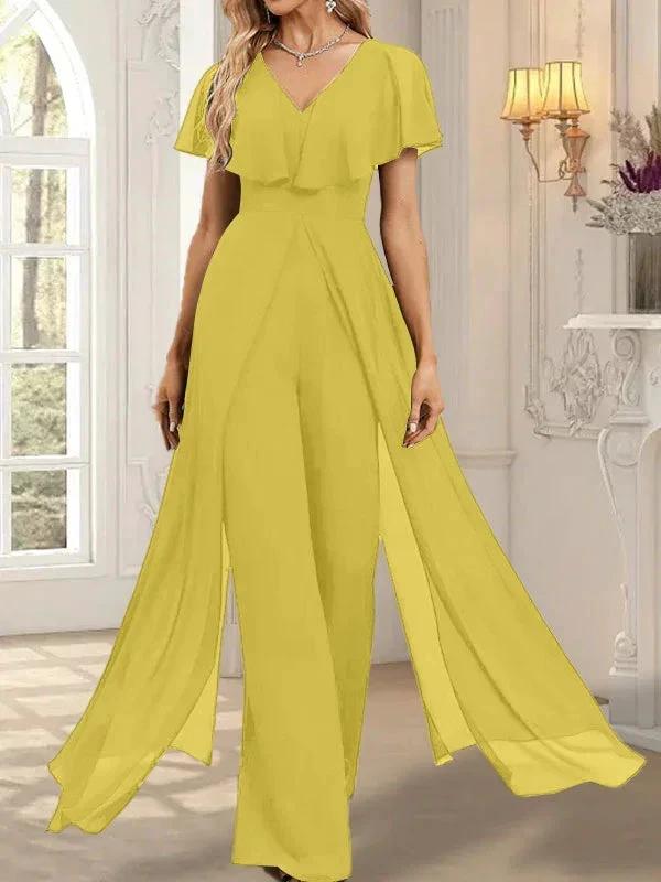 Jumpsuit/Pantsuit V-Neck Floor-Length Chiffon Evening Dress