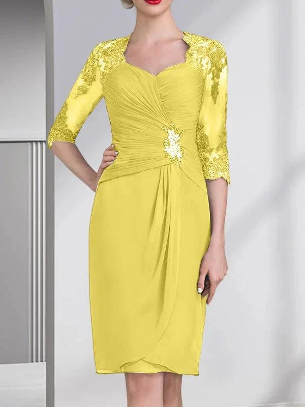 Sheath/Column Sweetheart Knee-Length Chiffon Mother of the Bride Dress With Beading Appliques Lace Sequins Pleated