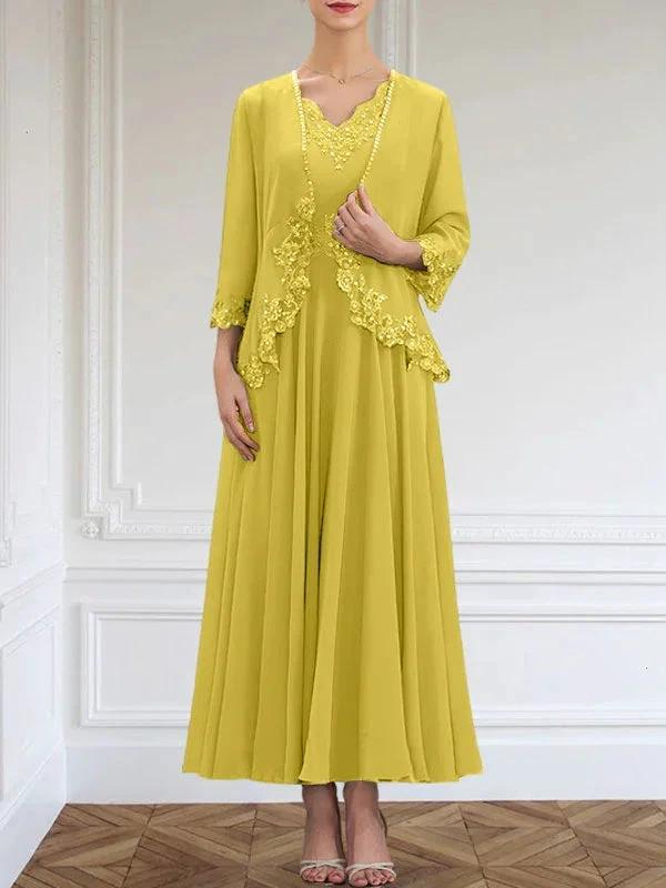 A-line V-Neck Ankle-Length Chiffon Mother of the Bride Dress With Sequins Appliques Lace Beading