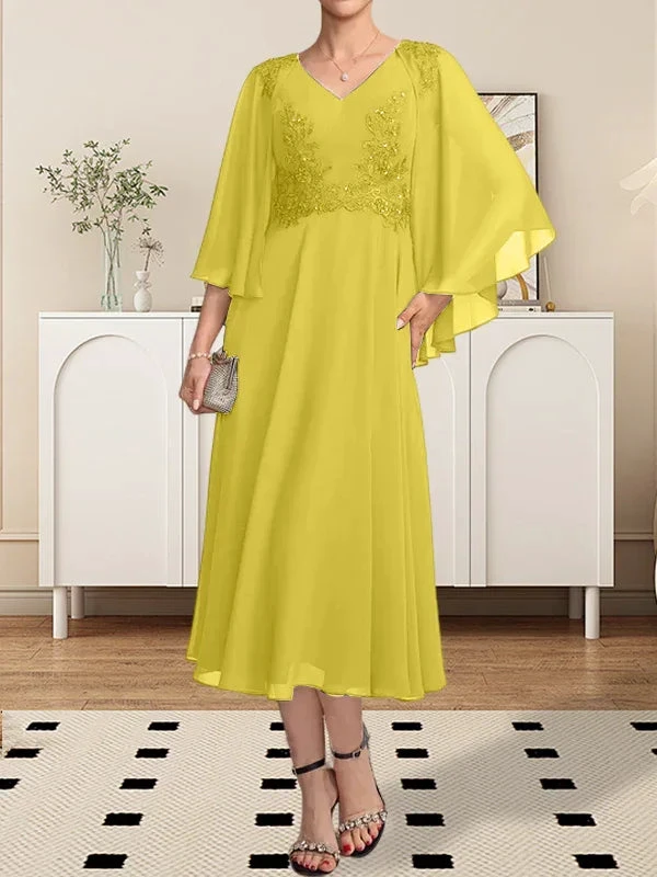 A-line V-Neck Tea-Length Chiffon Lace Mother of the Bride Dress With Beading Sequins