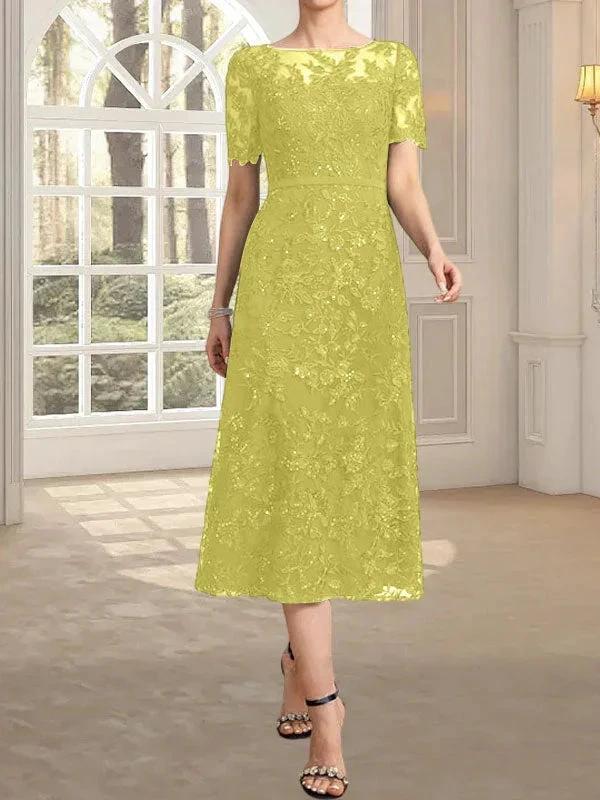 A-line Scoop Illusion Tea-Length Lace Mother of the Bride Dress With Sequins