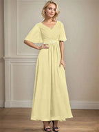 A-line V-Neck Ankle-Length Chiffon Mother of the Bride Dress With Pleated Beading Sequins