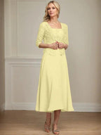 A-line Square Tea-Length Chiffon Lace Mother of the Bride Dress With Sequins Beading