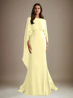 Sheath/Column Boatneck Floor-Length Chiffon Mother of the Bride Dress With Cascading Ruffles