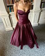 Vintage A Line Straps Burgundy Satin Long Prom Dress Evening Dress Y7994