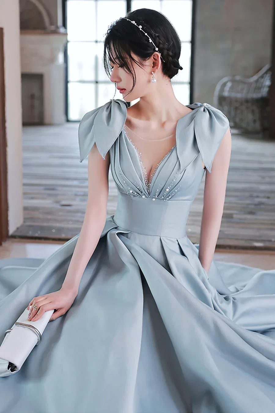 Cute Blue Satin Long Prom Dress A-Line Blue Evening Dress Y4549