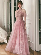 Pink party dress, halter neck prom dress, sweet fairy evening dress Y1918