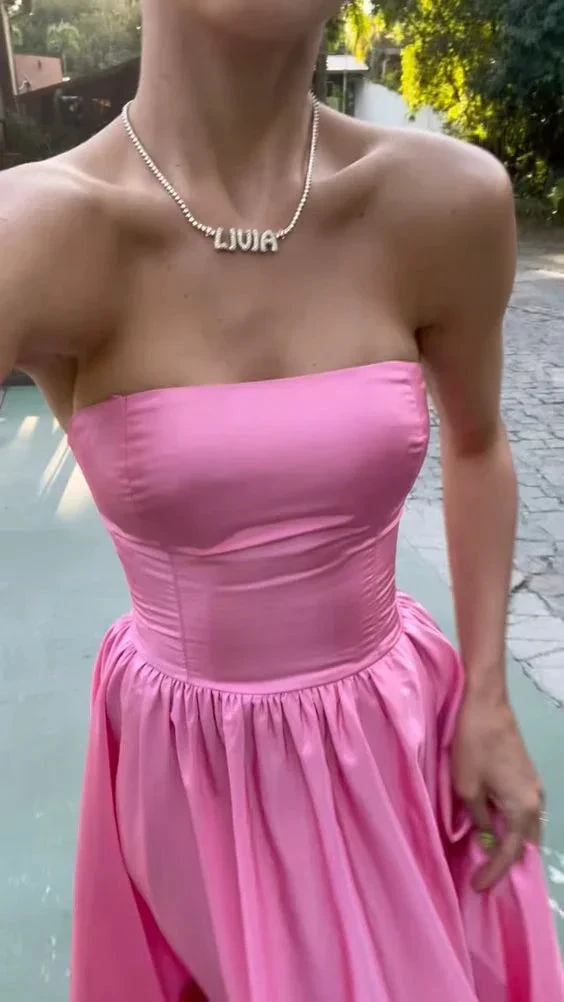 Strapless Pink Satin Long Evening Dress Classy Pink Prom Dress Y442