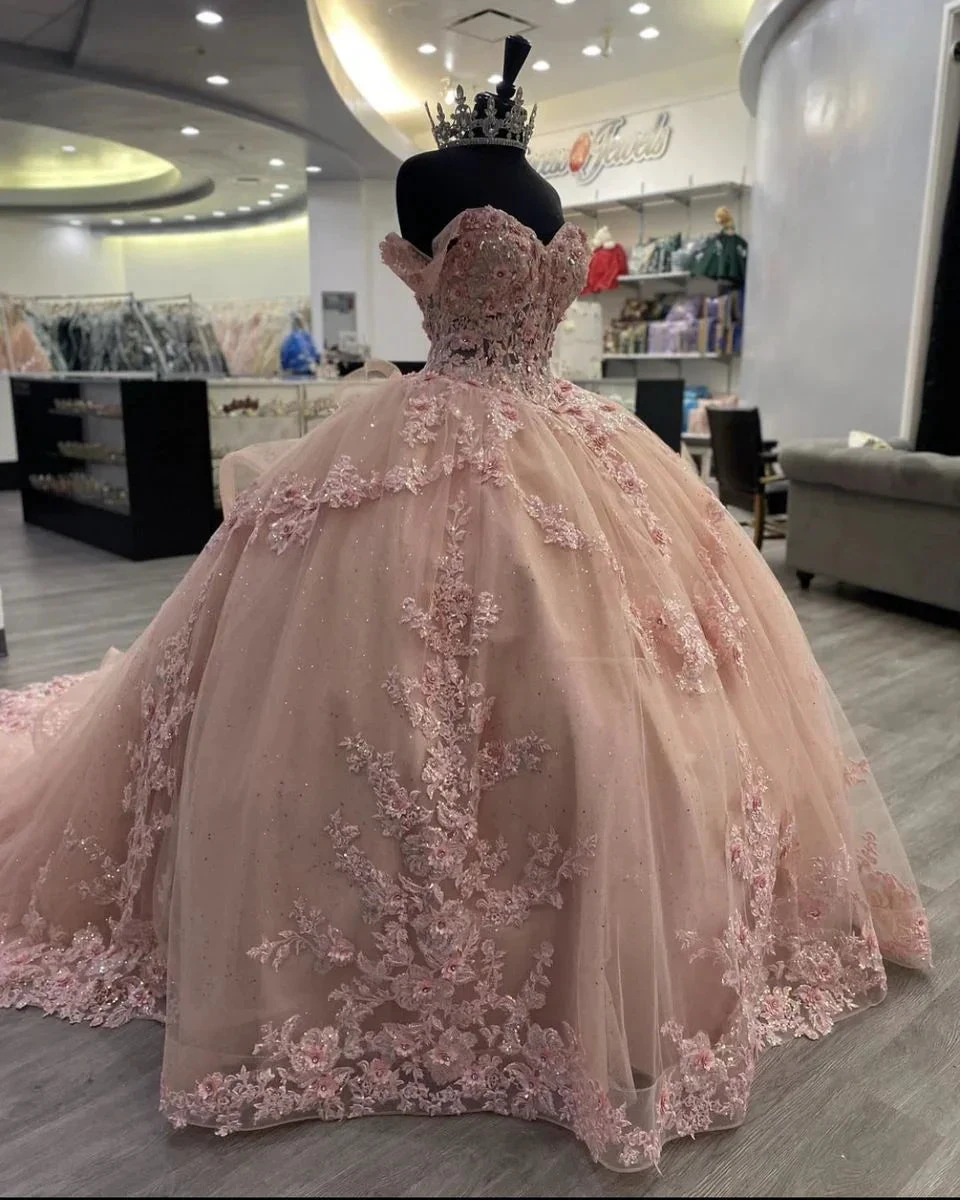 Pink Lace Long Prom Dresses, Ball Gown Sweet 16 Dresses Y5471