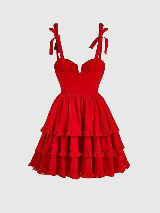Red A-line Tie Shoulder Ruffle Hem Homecoming Dress Y2720
