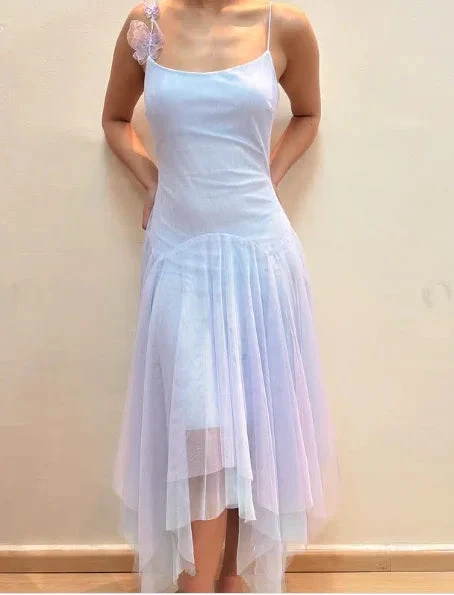 Lilac Tulle A Line Party Dress Straps Homecoming Dress With Flowers Y8143