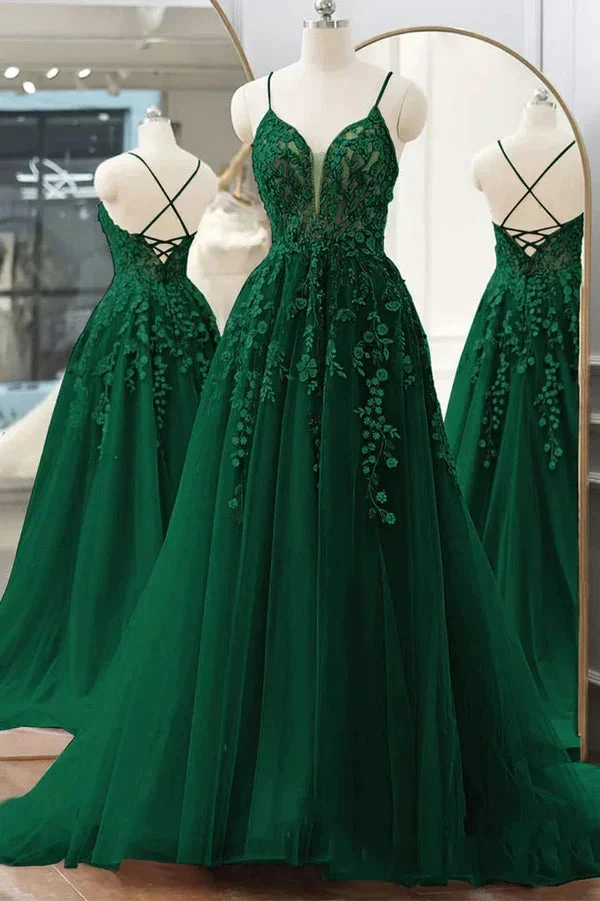 Pretty V Neck Green Lace Floral Long Prom Dresses, A Line Tulle Formal Evening Dresses  Y4251
