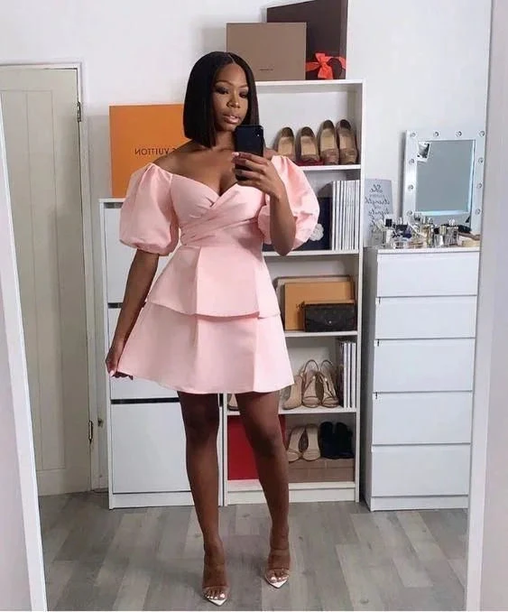 Pink Satin Short Homecoming Dress With Puffy Sleeves Y2183